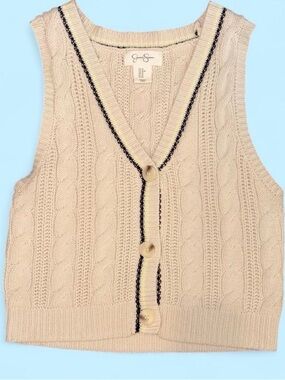Jessica Simpson Cream Cable Knit Button Cardigan Vest with Black Trim